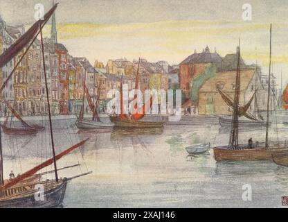 Quai Sainte Catherine, Honfleur aus dem Set Normandie von Nico Jungman; Nicolaas Wilhelm Jungmann (in England häufig Jungman geschrieben; 5. Februar 1872 – 14. August 1935) war ein englisch-niederländischer Maler von Landschaften und figuralen Themen, ein Buchillustrator und Dekorateur. Veröffentlicht 1905 von Charles und Adam Black Stockfoto