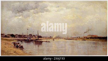 Stanislas Lépine.(1835-1892). Le Quai d'Ivry, avec vue de la seine et de Paris. Huile sur toile.1873-1877 Stockfoto