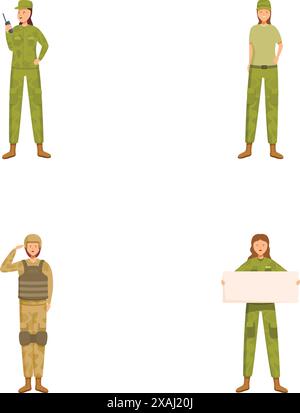 Verschiedene Illustrationen von Militärpersonal mit Männern und Frauen in verschiedenen Militäruniformen und Posen in einem modernen, kreativen und editierbaren Vektorgrafik-Design-Stil Stock Vektor
