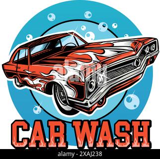 Cartoon im Retro-Stil für Autowäsche. Vektorabbildung Stock Vektor