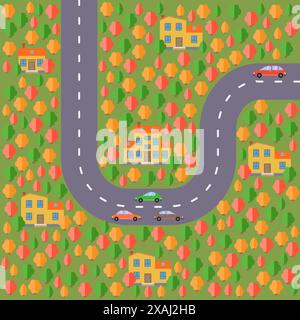 Plan des Dorfes. Landschaft mit Straße, Wald, Autos und Häusern. Vektorabbildung Stock Vektor