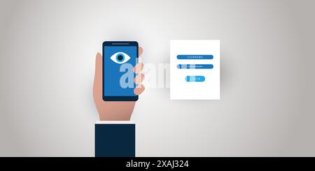 Gesichtserkennung, Anmeldung, Authentifizierung von Gesichtserkennung für eine Website oder einen Online-Dienst - Augensymbol auf einem Smartphone-Bildschirm beobachten - illegales Surveill Stock Vektor