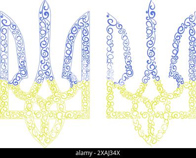 Ukrainischer nationaler Heraldy-Trident Tryzub-Zeichnung in Handschrift Kontur Linienstil isoliert auf transparentem Hintergrund Stock Vektor