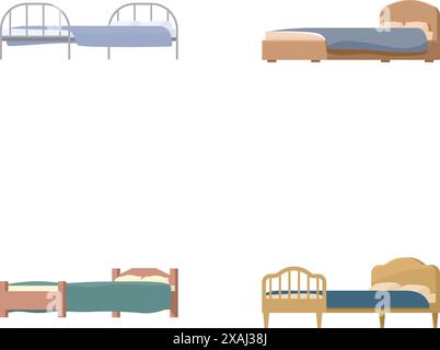 Set mit vier flachen Betten im Cartoonstil, geeignet für Innenarchitektur-Themen und Websymbole Stock Vektor