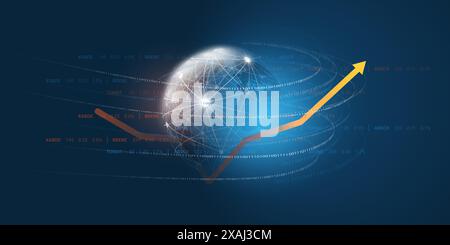 Finanzieller Erfolg – Geschäftskonzept mit Statistiken, Diagramm mit Wachstum und fließenden Binärdaten rund um den Erdball – Futuristisches Dunkelblaudesign, VEC Stock Vektor