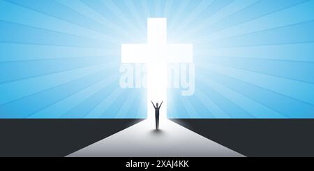 Christliches Kreuz Symbol mit Sonnenstrahlen und stehendem Mann - Zeichen des Kreuzes, Ostern, Reinheit, Glauben, Taufe, Heiliger Geist, Evangelisierung und Auferstehung Stock Vektor