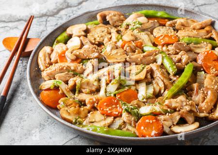 Moo Goo Gai Pan in Scheiben geschnittenes Huhn, Schneeroben, Karotten, Bambussprossen und Pilze in einer dickköpfigen braunen Soße auf dem Teller auf dem Ta gebraten Stockfoto