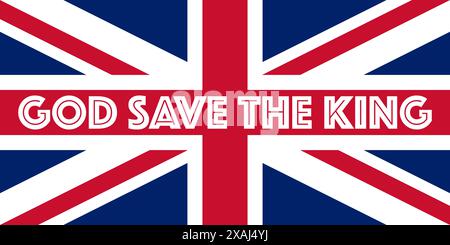God Save the King – Typografie auf britischer Flagge – Design für den Thron, die Krönung und die Herrschaft von König Karl III. – Mehrzweckvektor Stock Vektor