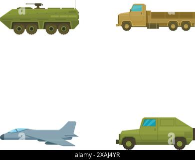 Flache Design-Symbole eines Tanks, eines Lkws, eines Kampfjets und eines gepanzerten Fahrzeugs auf weißem Hintergrund Stock Vektor