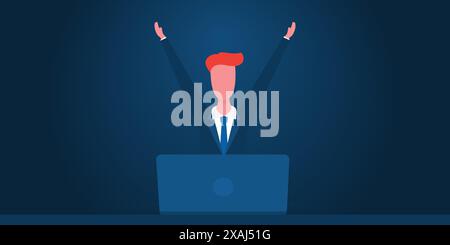 Erfolg, Gute Nachrichten, Glück, Neue Möglichkeiten, Ideen, Hoffnung, Kreativität, Träume – Happy Business man, Company Leader in Suits hinter einem Laptop Stock Vektor