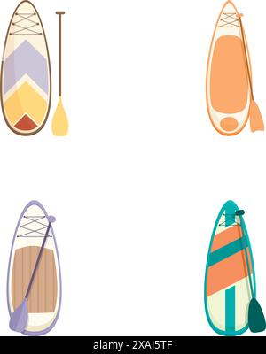 Vier farbenfrohe Vektorillustrationen von Kajaks im Cartoonstil mit Paddeln, isoliert auf weißem Hintergrund Stock Vektor