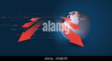 Globaler Konjunkturrückgang aufgrund von Krieg, Inflation und Energiekrise – Design-Konzept mit Weltkarte, Pfeile zeigen die Abschwächung durch den Krieg, A Steilheit, SH Stock Vektor