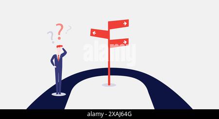 Keine Wahl, Nur Rückwärts? - Geschäfts- oder Karriereentscheidungen Design-Konzept mit U-Wende, Straßenschild und ungewissem Mann, der an seine Optionen denkt, wie weit es geht Stock Vektor