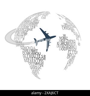 Transparentes schwarzes Globus-Design mit Buchstaben-Muster, Flugzeug, das um die Welt fliegt - Reisendes Design-Konzept, isoliert auf weißem Hintergrund, Vektor Stock Vektor