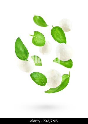 Fallender Mozzarella mit Basilikumblättern isoliert auf weißem Hintergrund. Stockfoto