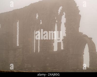 Der dicke Meeresnebel umgibt die Ruinen von Whitby Abbey und schafft eine eindringliche Atmosphäre, die Bram Stockers Dracula inspiriert hat Stockfoto