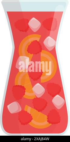 Glaskanne gefüllt mit Sangria, in Scheiben geschnittenen Orangen, Himbeeren und Eiswürfeln im Inneren Stock Vektor