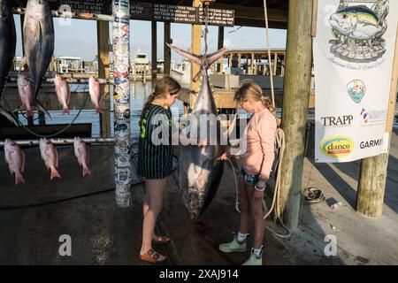 Stolze Angler posieren mit ihrem beeindruckenden Fang am Ende eines erfolgreichen Angeltages in Venice Marina, einem berühmten Angelort in Louisiana. Stockfoto