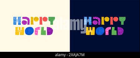 Happy World – abstraktes dekoratives Design-Logo. Moderne, farbenfrohe Grafiken Formen Buchstaben für die Werbung in Kinderspielzimmern oder Spielwarengeschäften. Kinder platzieren ein trendiges kreatives Schild. Zeichentrickstil-EPS-Symbol Stock Vektor