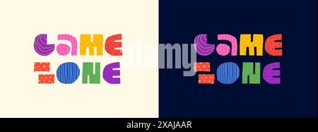 Abstraktes, dekoratives Design-Logo für Game Zone. Moderne, farbenfrohe Grafik formt Buchstaben für Spielzimmer-Werbung für Gamer-Kinder. Kinder haben Spaß und Spielspaß und ein trendiges kreatives Schild. Plakette im Cartoon-Stil Stock Vektor