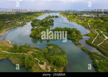 (240607) -- TAIYUAN, 7. Juni 2024 (Xinhua) -- ein Luftdrohnenfoto vom 3. Juni 2024 zeigt die Landschaft des Flusses Fenhe in Taiyuan, nordchinesischer Provinz Shanxi. Klares Wasser und grüne Berge sind nicht nur natürlicher und ökologischer Reichtum, sondern auch sozialer und wirtschaftlicher Reichtum, mit dem Konzept -- "luzides Wasser und üppige Berge sind unschätzbare Vermögenswerte" -- wird das Land zum Konsens- und Handlungsleitfaden in ganz China. Im Rahmen dieses Konzepts fördern die Provinzen in Zentralchina gemeinsam das ökologische Management von Flüssen, um die kontinuierliche Verbesserung der Ökosysteme von Flüssen sicherzustellen. (Xin Stockfoto