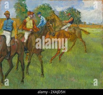 Tag mit Vintage-Kunstwerken bei den Rennen mit Jockeys und Pferden Stockfoto