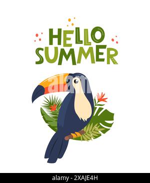 Hallo Sommer Poster mit Toucan, exotischem Vogel, tropischen Blumen, Palmblättern, Dschungelblättern, Paradiesvogel Stock Vektor