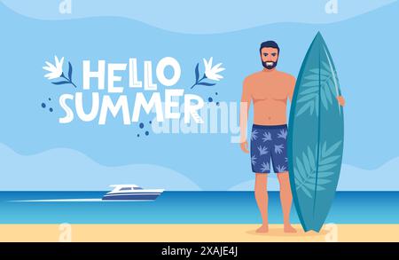 Junger Mann Surfer mit Surfbrett am Strand. Seashore und Hello Summer Schriftzug. Konzept von Abenteuer, Reise, Sommerausflug. Vektorillustr Stock Vektor