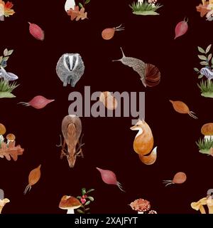 Herbst Wald Wildpflanzen und Tiere nahtlose Aquarellmuster auf dunkelbraun. Handgezeichnete, hochwertige Kunst im einfachen flachen Stil für Kinder im Wald Stockfoto