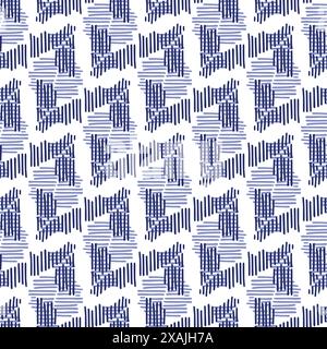Indigoblau Stickeffekt abstrakter Vektor nahtloser Muster Hintergrund. Modernes maskulines Grafikdesign für den Trend der Handarbeit mit Blockmuster. Stock Vektor