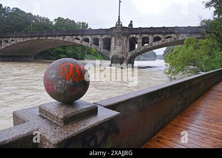 Themenfoto Hochwasser an der Isar in München am 03.06.2024. *** Themenfotoflut an der Isar in München am 03 06 2024 Stockfoto