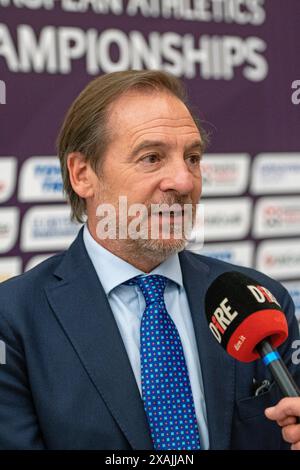 Stefano Mei, Präsident des italienischen Leichtathletikverbandes (FIDAL), bei der Pressekonferenz zur Leichtathletik-Europameisterschaft Roma 2024, Rom, Italien Stockfoto