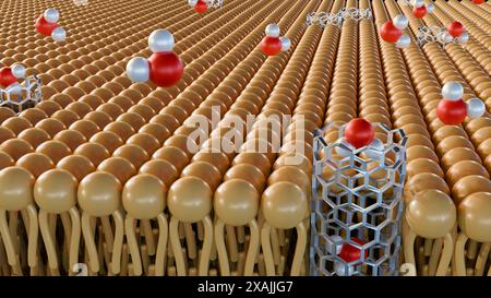 3D-Rendering von Molekülen, die durch Kohlenstoff-Nanoröhren-Porine auf Lipid-Bilayer-Membran passieren Stockfoto