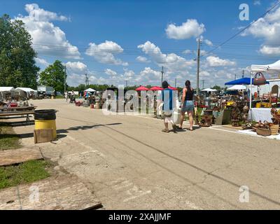 Ein Paar spaziert durch die Springfield Antique Show in Ohio an sonnigen Tagen Stockfoto