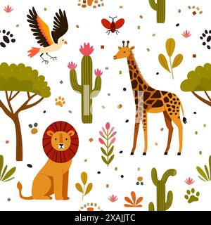 Vektor kindisch, Babys nahtlose Musterillustration mit niedlichen Zeichentricktieren, Pflanzen. Löwe Giraffe Vogel Kakteen Baumblumen Afrika Savannah Safari Stock Vektor