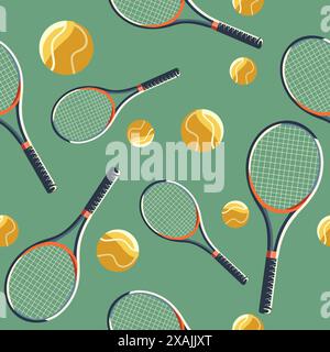 Vektor nahtlose Muster Tennisschläger, Bälle. Illustration für Sport, Spielwettbewerb, Turnier, Rasen-Tennis-Meisterschaft. Hobby, Unterhaltung. Stock Vektor