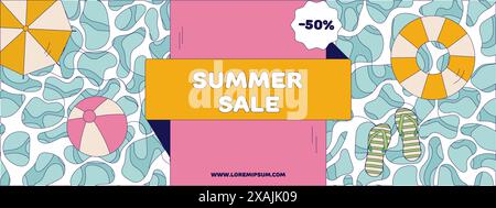 Sommerangebot Vektor-Design. Rabatttext im Pool mit einfachen Strandelementen Stock Vektor