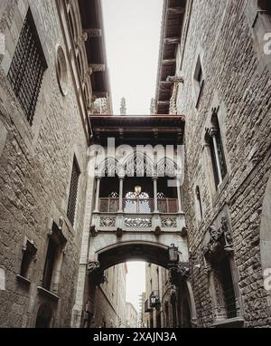 Stone Pont Del Bisbe, Bischofsbrücke im gotischen Viertel von Barcelona. Stockfoto