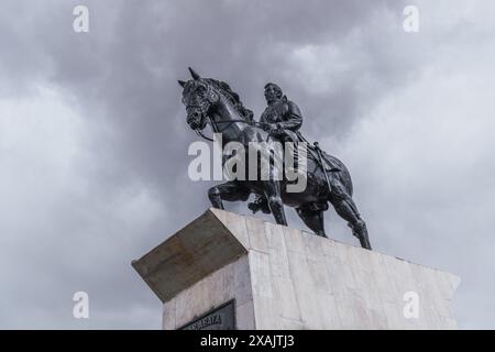 Eine Statue eines Mannes auf einem Pferd steht vor einem Schild mit dem Namen der Stadt paris . Stockfoto