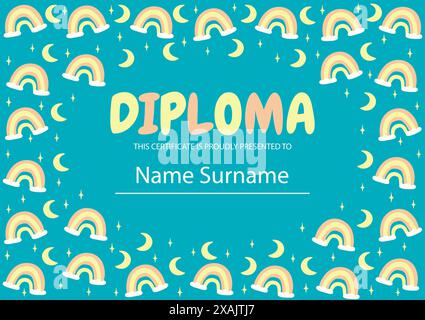 Bunte Vorlage für Leistungszertifikate und Anerkennung für Kinder. Diplomvorlage für Kinder mit Regenbogen. Vektor-Illustration Vorschulcartoon Stock Vektor