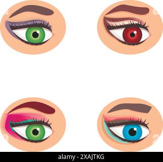 Vier farbenfrohe Cartoon-Augen mit verschiedenen Augenfarben und -Designs Stock Vektor