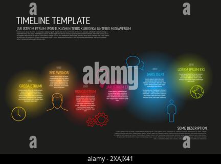 Mehrzweck-Infografikvorlage mit farbigen transparenten Lichtflecken auf dunklem Hintergrund mit Beschreibung und Symbolen. Infografik-Vorlage für farbenfrohe Farben Stock Vektor