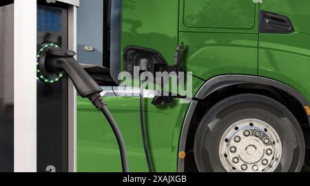Die Batterien des Elektrofahrzeugs werden von der Ladestation aus geladen. Konzept. Stockfoto
