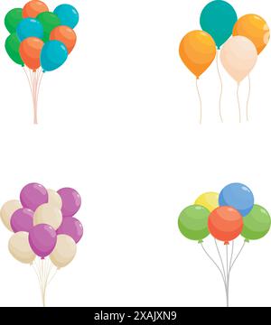 Vier Sets von leuchtenden, bunten Ballons, ideal für Feiern und Dekorationen Stock Vektor