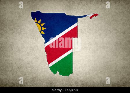 Grunge-Karte von Namibia mit seiner Flagge innerhalb der Grenze auf einem alten Papier gedruckt. Stockfoto