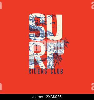 Surf Rider Club Sommerstrand Typografie Palmengrafik T-Poster Stock Vektor