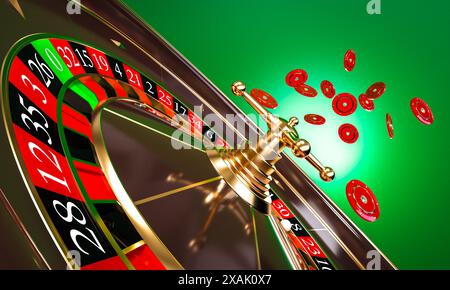 Klassisches Kasino-Roulette-Rad dreht sich mit roten Chips grünem Hintergrund Stockfoto