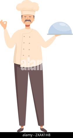 Der lächelnde Koch hält ein Essenstablett, das mit einer Cloche bedeckt ist, und ein perfektes Zeichen Stock Vektor