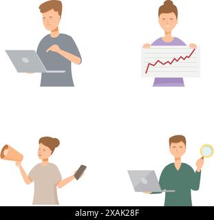 Sammlung von vier illustrierten Geschäftsleuten, die verschiedene arbeitsbezogene Aktivitäten ausführen Stock Vektor