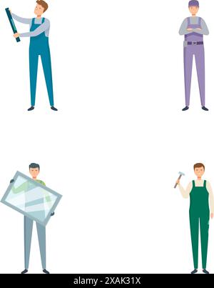 Sammlung von vier Vektorillustrationen mit Handwerkern mit Werkzeugen und Ausrüstung Stock Vektor